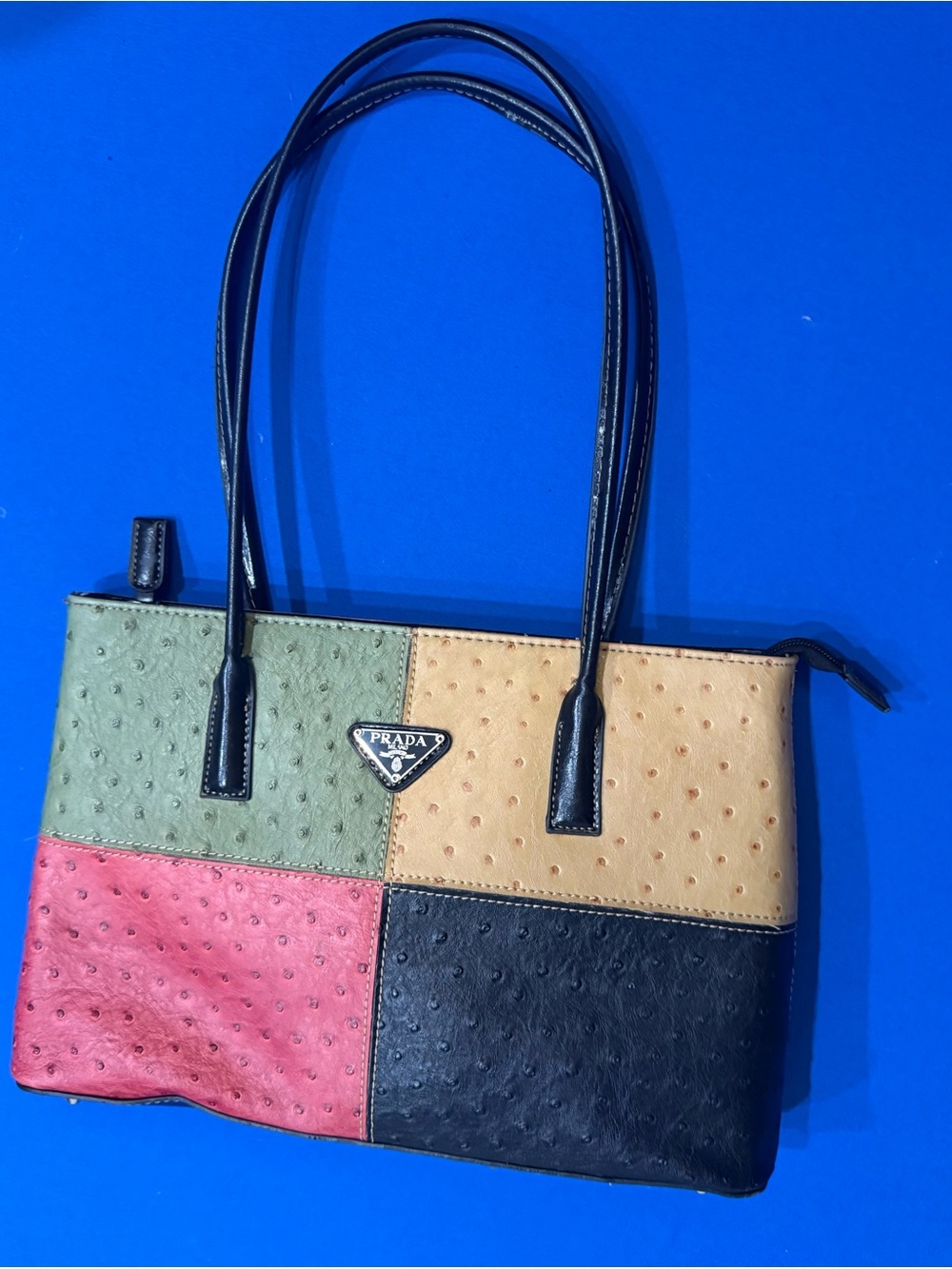 Prada Patchwork Ostrich-Effect Shoulder Bag in Green, Tan, Pink & Black